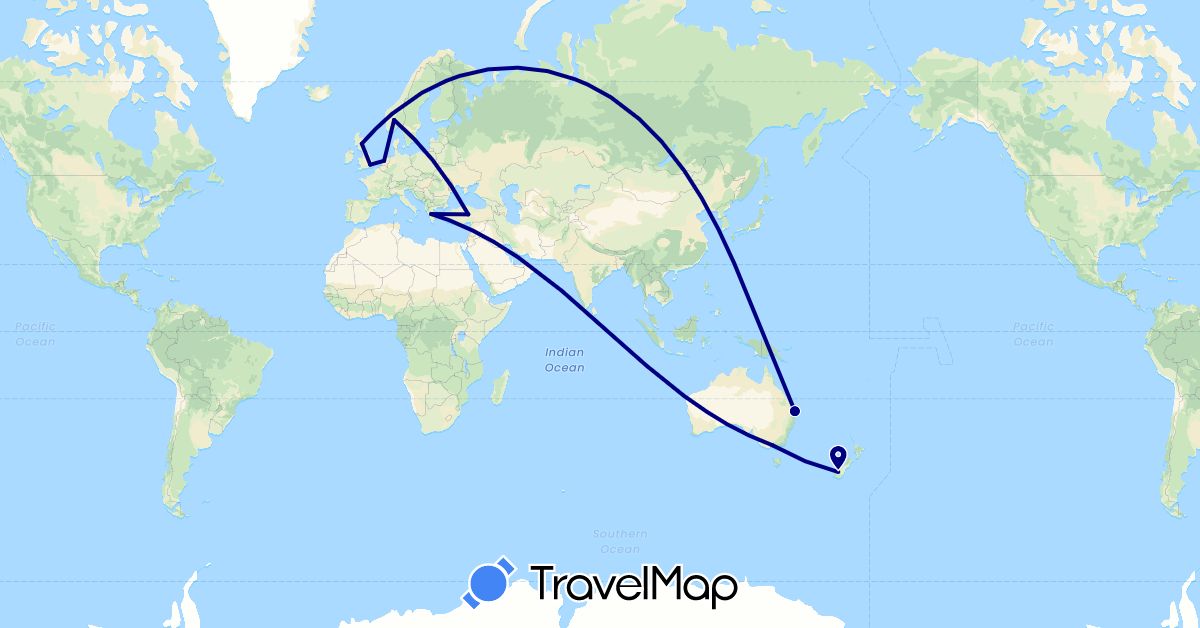 TravelMap itinerary: driving in Australia, United Kingdom, Greece, Netherlands, Norway, New Zealand, Turkey (Asia, Europe, Oceania)